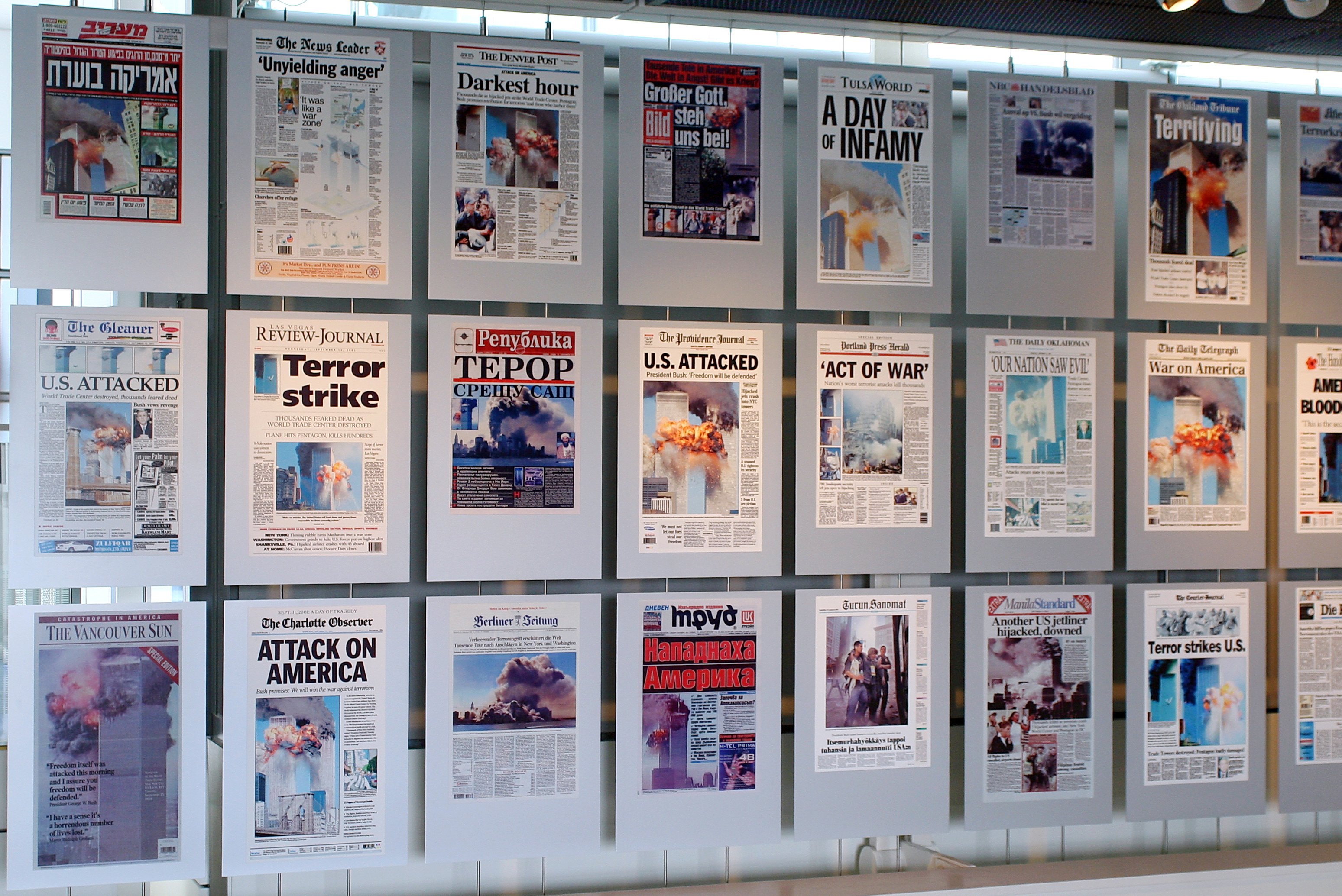 Headlines after terrorist attacks on September 11th, 2001. Flickr user: nostri-imago